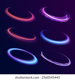 Shiny sparks of spiral wave. Png shine round frame with light circles light effect. Semicircular wave, light trail curve swirl, incandescent optical fiber vector, png, effect, wave,neon,line.