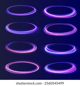 Shiny sparks of spiral wave. Png shine round frame with light circles light effect. Semicircular wave, light trail curve swirl, incandescent optical fiber vector, png, effect, wave,neon,line.