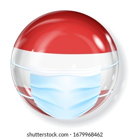 Shiny sphere in the Austria flag colors with a medical mask for protection from coronavirus