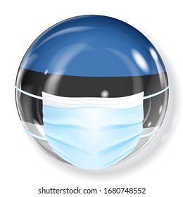 Espléndida esfera en los colores de la bandera de Estonia con una máscara médica para la protección contra el coronavirus