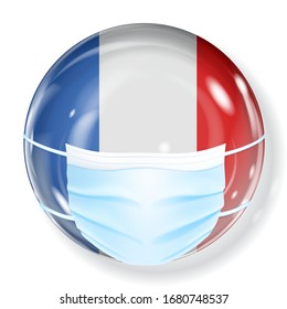 Shiny sphere in the France flag colors with a medical mask for protection from coronavirus