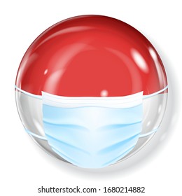 Shiny sphere in the Indonesia or Monaco flag colors with a medical mask for protection from coronavirus