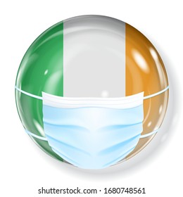 Shiny sphere in the Ireland flag colors with a medical mask for protection from coronavirus