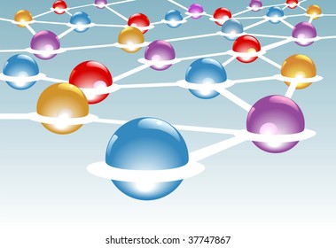 Shiny sphere modules as nodes connected in a network system.