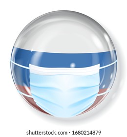 Shiny sphere in the Russia flag colors with a medical mask for protection from coronavirus