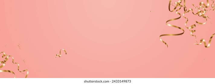 Shiny Spiral Celebrate Vector Panoramic Pink Background. Isolated Ribbon Illustration. Streamer Celebration Design. Golden Christmas Branch.