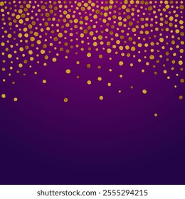 Shiny Splash Golden Vector Purple Background. Light Polka Background. Golden Confetti Bridal Invitation. Rain Happy Wallpaper.