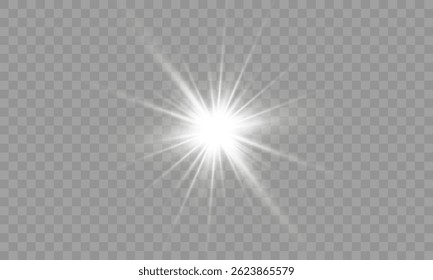 Shiny spotlight with glitter and flare — PNG vector design of magic burst beams and glowing light projection on transparent background for festive or club scenes

