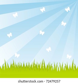 shiny spring landscape with butterflies