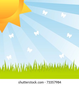 shiny spring landscape with butterflies