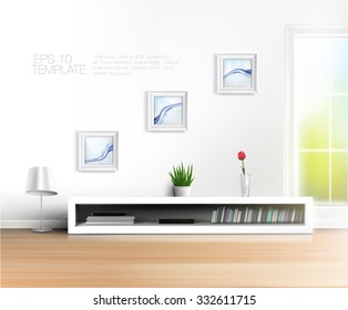 Shiny spring living room wall with bookshelf and framed pictures. High quality vector