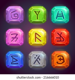 Shiny square stones with fantastic symbols. Runes on the rocks in different colors, beautiful elements for game design.