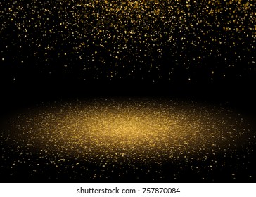 Shiny Star Burst Light with Gold Glitter Sparkles. Shining Motion Luxury Design. Magic Golden Light Effect. Vector Illustration on Black Background.