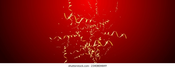 Estrella brillante Celebra El Vector Fondo Rojo Panorámico. Afiche Resumen Serpentino. Invitación de Confetti Party. Ilustración de la Celebración Dorada.