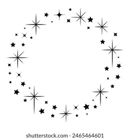 Shiny star circle frame minimalist ornament border black vector illustration. Bright glossy starry round boundary abstract ornate glittering dust effect twinkle shimmer magic ring festive element