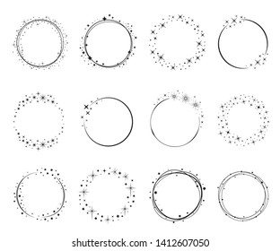 Shiny star circle frame set, pencil drawing. Photo or picture decoration. Vector line art  shiny circle illustration on white background