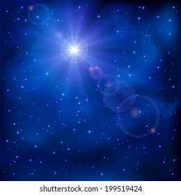Shiny star in the dark blue night sky, illustration.