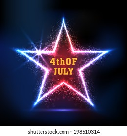 Shiny star with golden text 4th of July on black background for American Independence Day celebrations. 