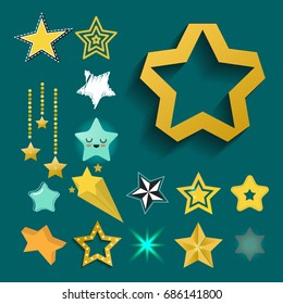 Shiny star icons in different style pointed pentagonal gold award abstract design doodle night artistic symbol vector illustration.