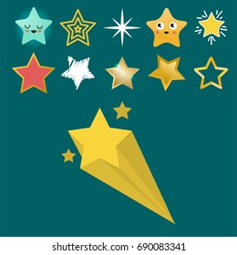 Shiny star icons in different style pointed pentagonal gold award abstract design doodle night artistic symbol vector illustration.