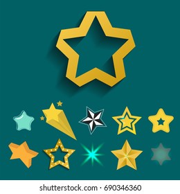 Shiny star icons in different style pointed pentagonal gold award abstract design doodle night artistic symbol vector illustration.