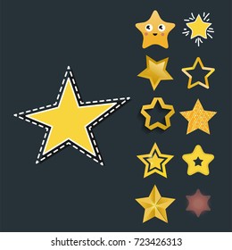 Shiny star icons in different style pointed pentagonal gold award abstract design doodle night artistic symbol vector illustration.