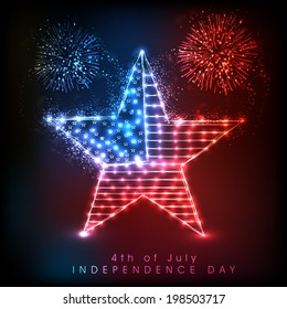 Shiny star in national flag colors in colorful fireworks night background, celebration background for 4th of July, American Independence Day. 