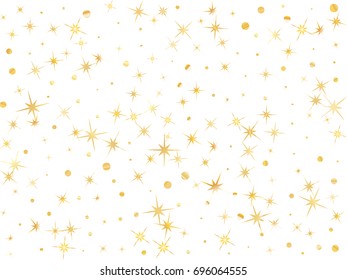 Shiny star pattern, golden sparkles background. Chaotic starry gold confetti simple textile pattern on white background. Star sparkle holiday pattern, gold glitter.