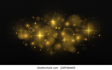 Shiny stardust on transparent background. Golden sparks and stars glitter special light effect. Luminous magic dust particles.