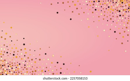 Shiny Starry Vector Pink Background. Gold Shimmer Universe Wallpaper. Shine Cosmos Banner.  Gilded Elegant Sparkle Pattern.