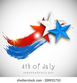 Shiny Stars in American National Flag color on grey background for 4th of July, American Independence Day celebrations. 