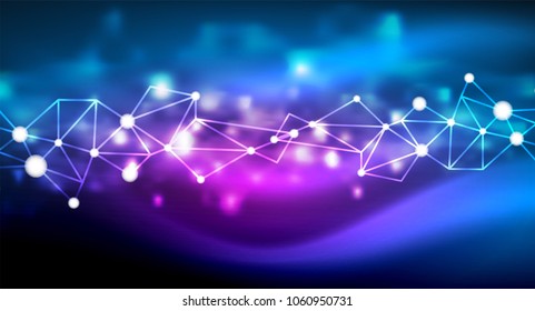 Shiny stars, neon glowing digital connected light dots. Vector technology abstract background
