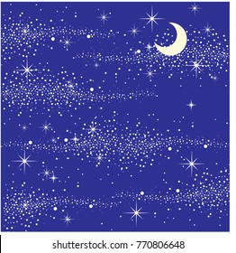 Shiny stars on blue background. Starry sky with moon