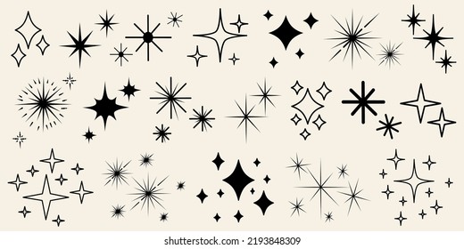 Shiny stars on a light background. Big set of twinkling stars. Star light effect, vector illustration, icons.