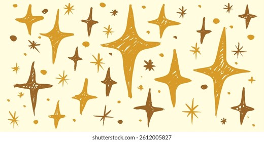 Shiny stars on light background, boho style. Hand drawn illustration, kids style. Starlight effect, vector illustration, doodle.