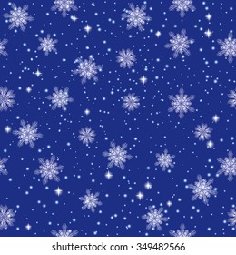 Shiny stars and  stylized white snowflakes on blue background. Starry sky, seamless vector pattern