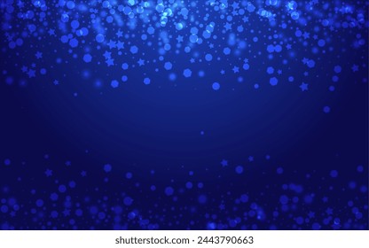 Shiny Stars Vector Blue Background. Glow Glitter Dots Illustration. Bokeh Confetti Postcard. Glow Flake Pattern.