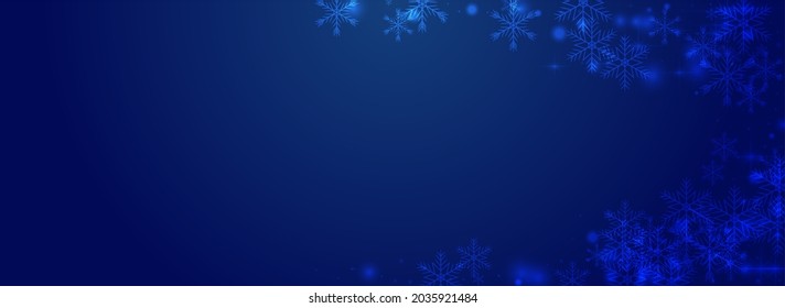 Shiny Stars Vector Pnoramic Blue Background. White Falling Snow Postcard. Elegant Snowstorm Banner. Winter Flake Design.