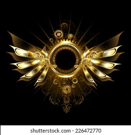 Shiny steampunk mechanical wings with gears and brass round banner.