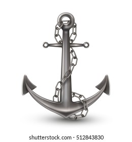 Shiny steel anchor with chain and rings on white background realistic style isolated vector illustration
