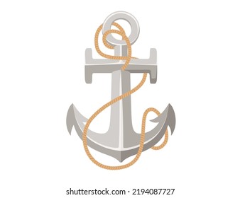 Shiny steel anchor with rope vector illustration isolated on white background