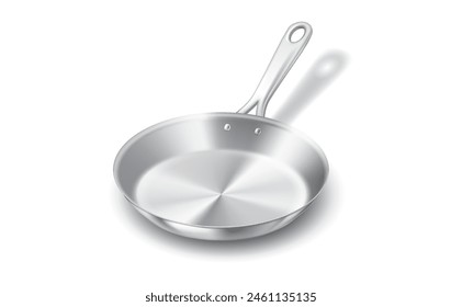 Shiny steel frying pan with handle realistic vector illustration. Kitchen dishware design. Food preparation equipment 3d object on white background