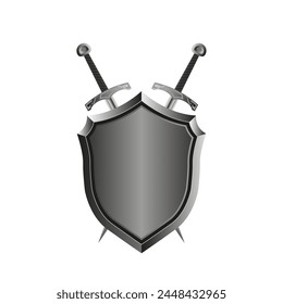 A shiny steel shield with two swords crossed behind it, on a white background.