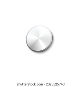 Shiny steel or silver shaded nail completely hammered into a white wall. Realistic vector illustration isolated on white background. Metal round pin head.