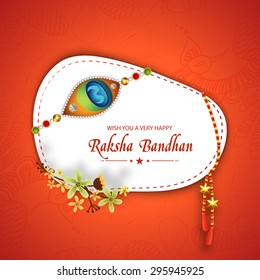 Shiny sticker, tag or label design decorated with beautiful rakhi and flowers on floral orange background for Indian festival, Raksha Bandhan celebration.