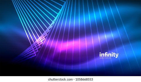 Shiny straight lines on dark background, techno digital modern template. Vector background