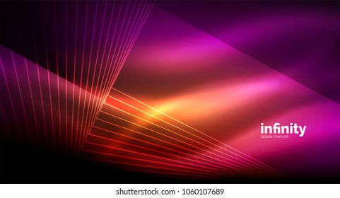 Shiny straight lines on dark background, techno digital modern template. Vector background