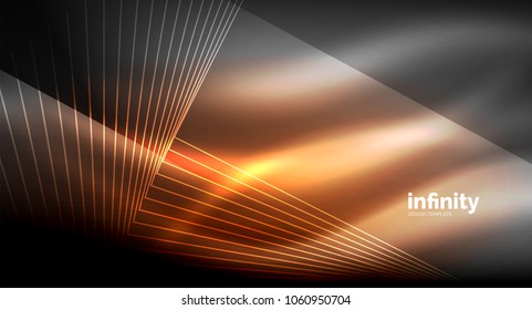 Luminosas líneas rectas sobre fondo oscuro, tecno plantilla digital moderna. Fondo del vector
