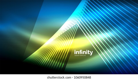 Shiny straight lines on dark background, techno digital modern template. Vector background