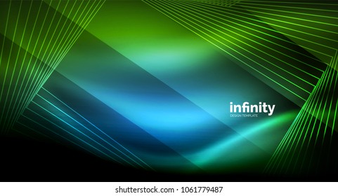Shiny straight lines on dark background, techno digital modern template. Vector background